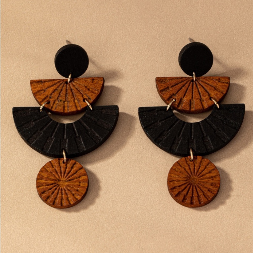 Engraved textured black wood dangle retro shaped earrings